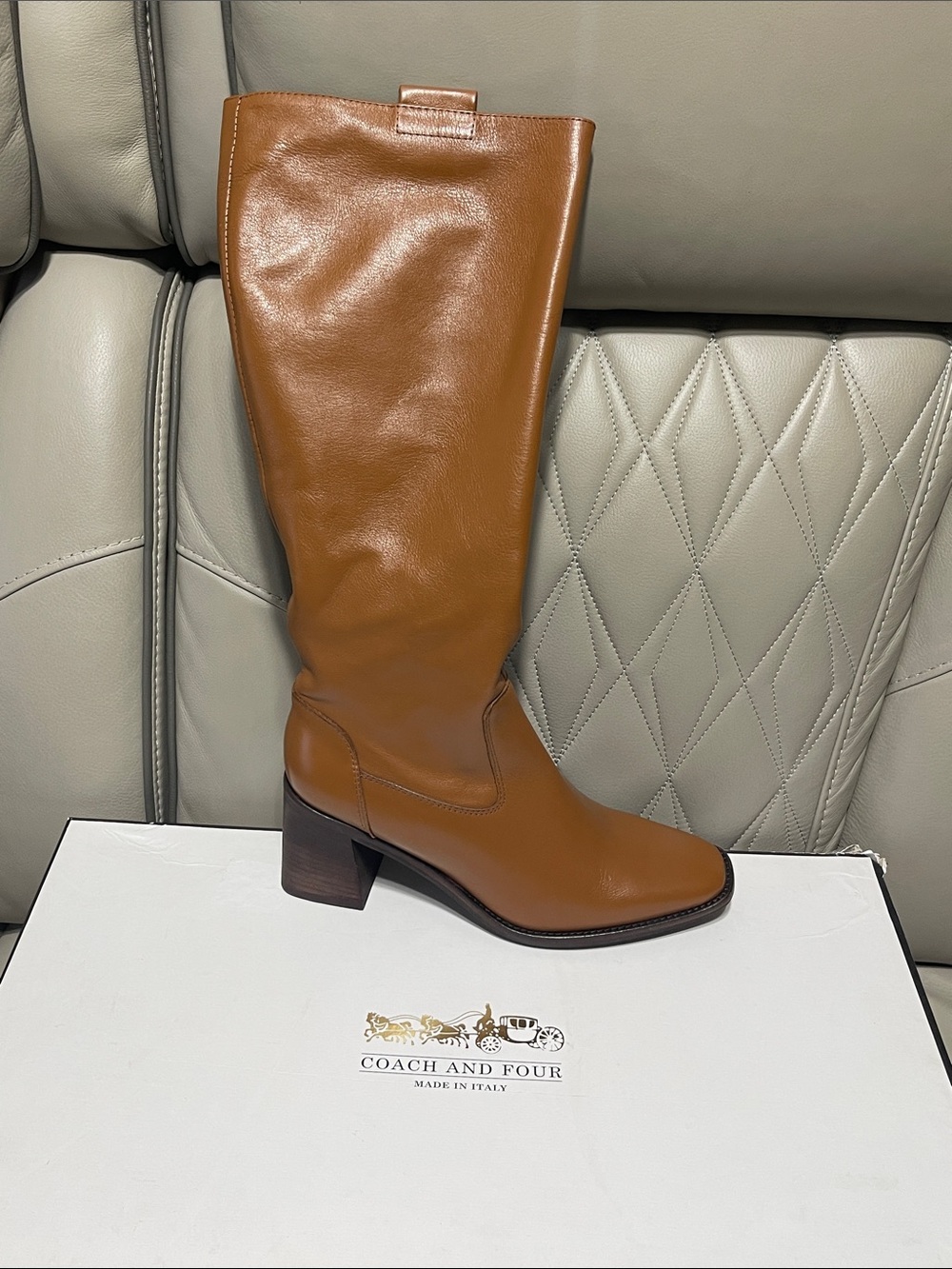 Coach and Four Cognac Leather Knee-High Boot with Block Heel